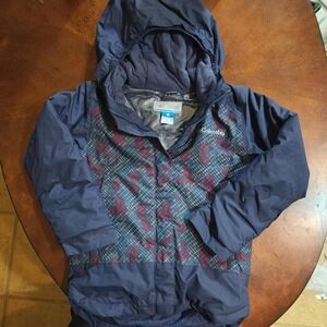 Columbia Womens XS Navy Blue Windbreaker Hooded Jacket Omni-Heat Plaid Lining